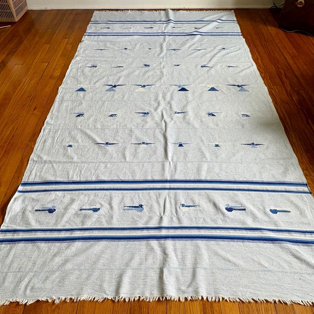 Vintage Guatemalan Cotton Tablecloth Blue Bird Embroidery
